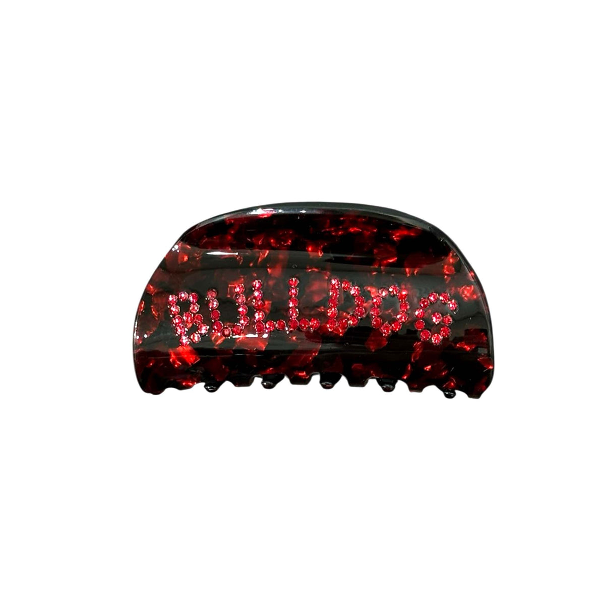 Black and red marbled hair claw clip with rhinestone “Bulldogs” design, front view.