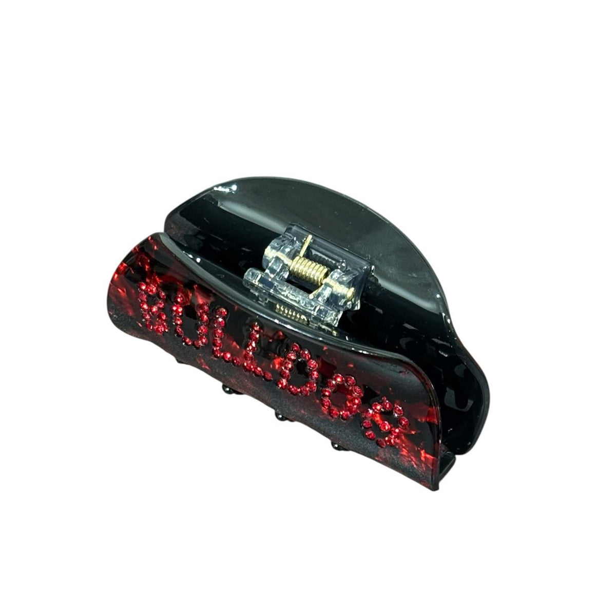 Black and red marbled hair claw clip with rhinestone “Bulldogs” design, angled view showing clasp.
