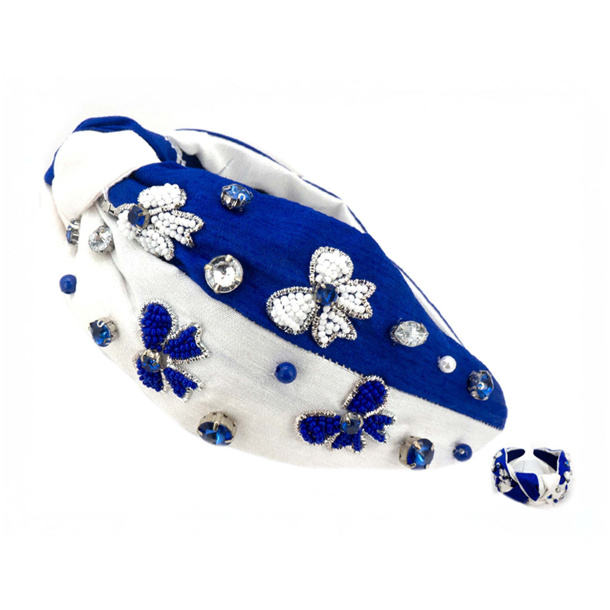 Blue and white embellished headband with beaded bows and rhinestones