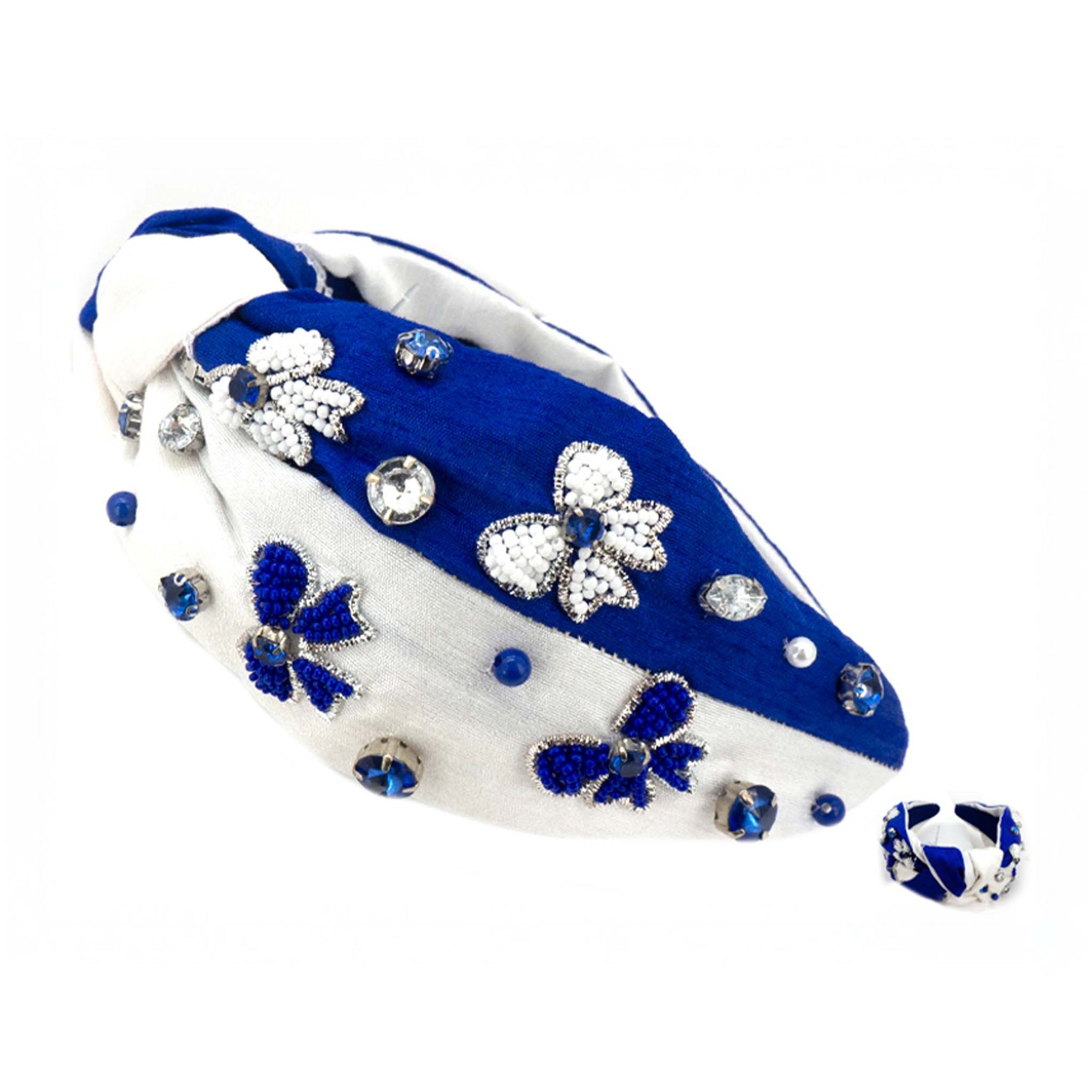 Blue and white embellished headband with beaded bows and rhinestones
