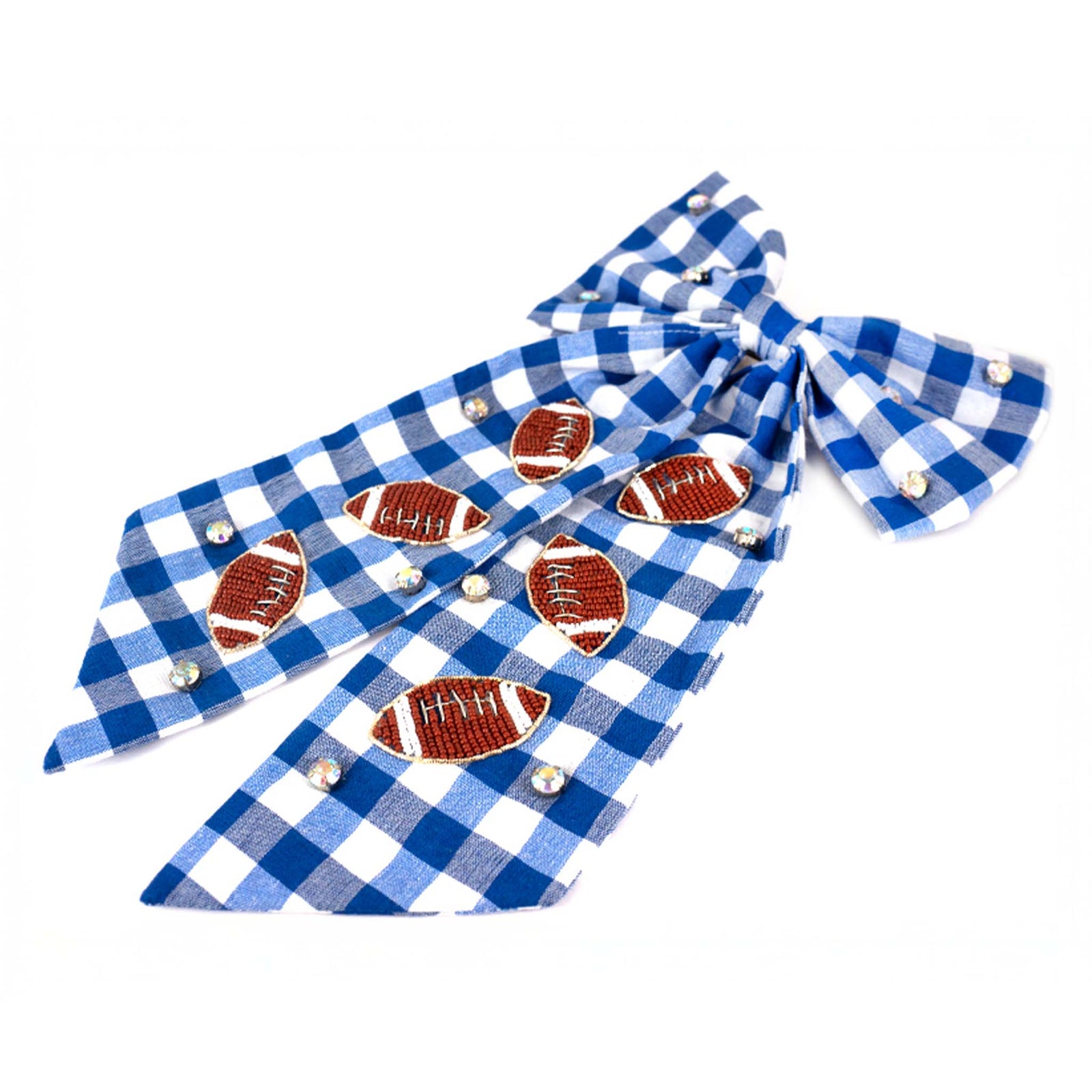 Blue gingham bow with embroidered footballs and rhinestone accents.