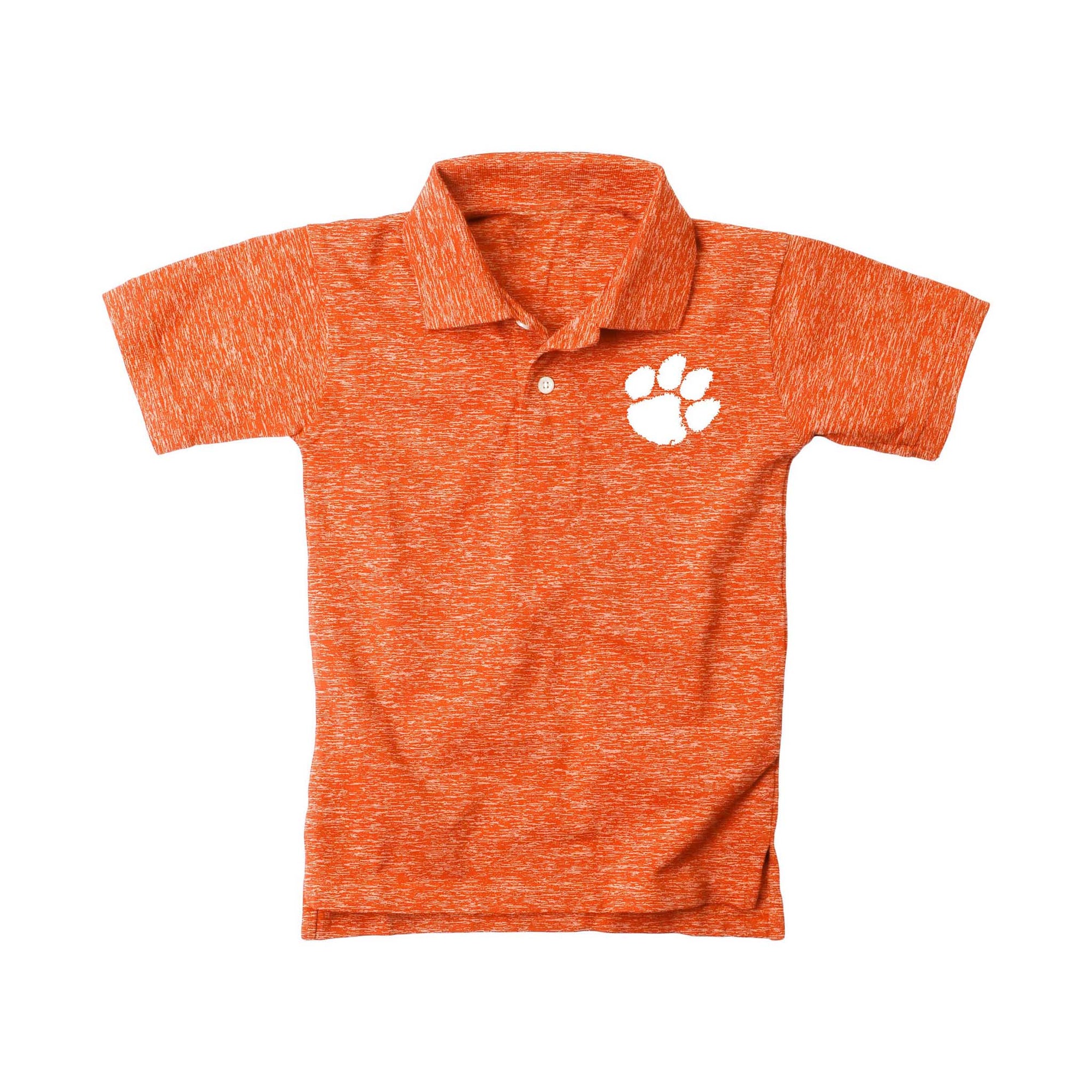 Orange polo shirt with a white paw print logo on a white background