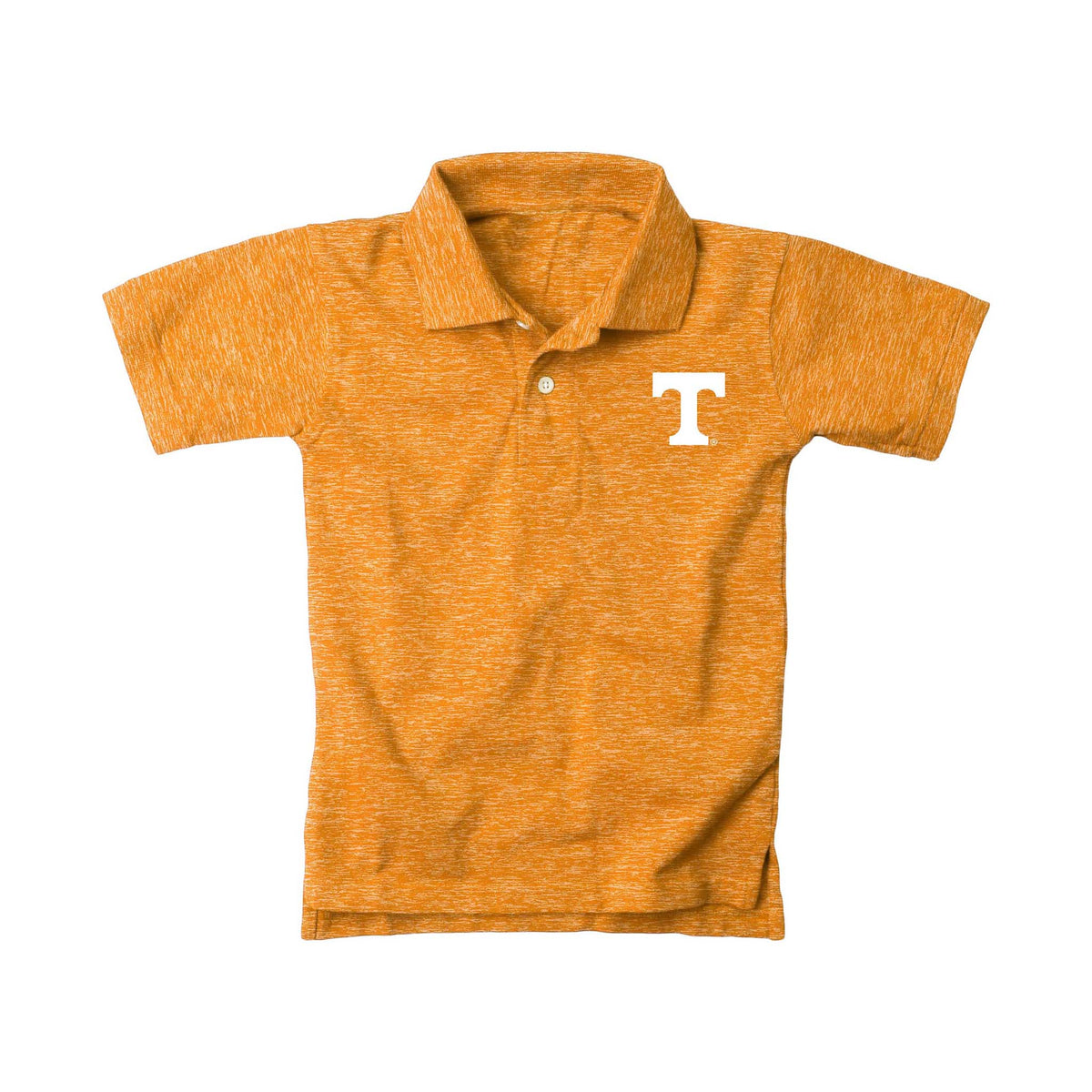 Orange polo shirt with a white logo on a white background