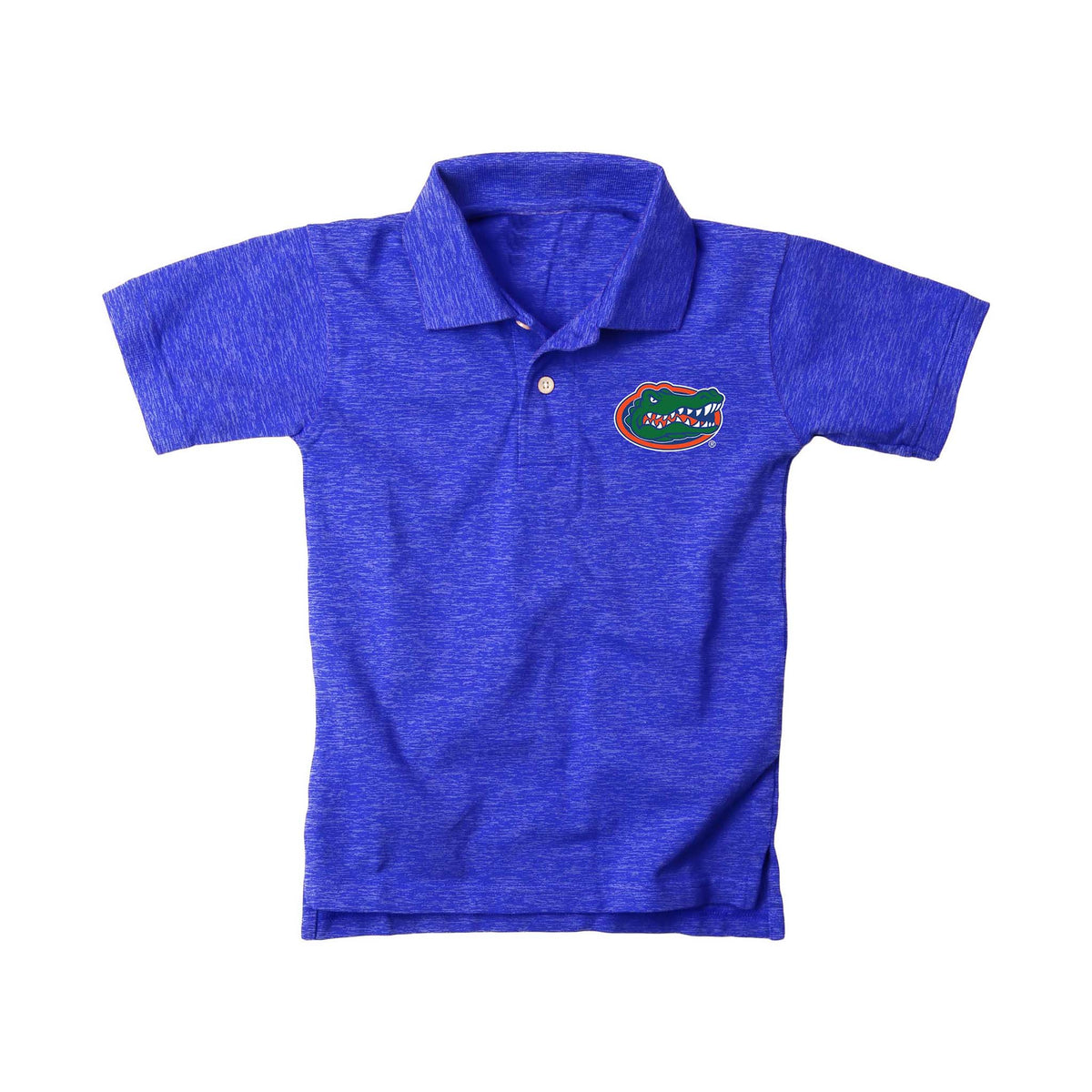 Youth Florida Gators royal blue polo with embroidered full-color Gators logo on chest, short sleeves, and button placket.