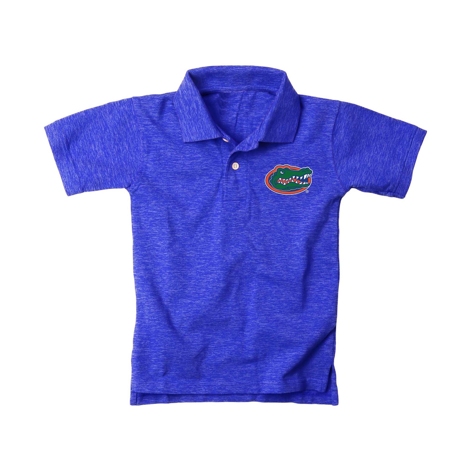 Youth Florida Gators royal blue polo with embroidered full-color Gators logo on chest, short sleeves, and button placket.