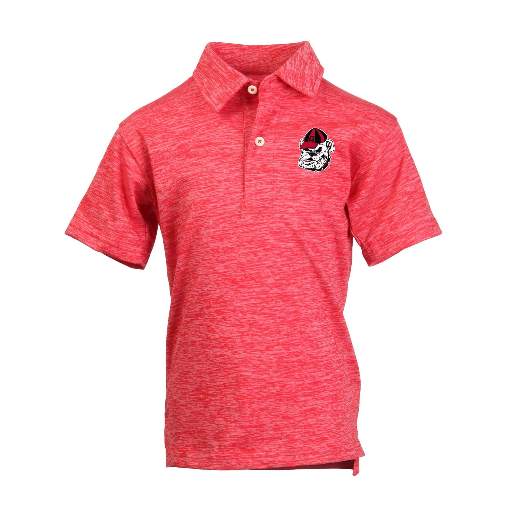 Youth Georgia Bulldogs red polo with embroidered Bulldog mascot logo on chest, short sleeves, and button placket.