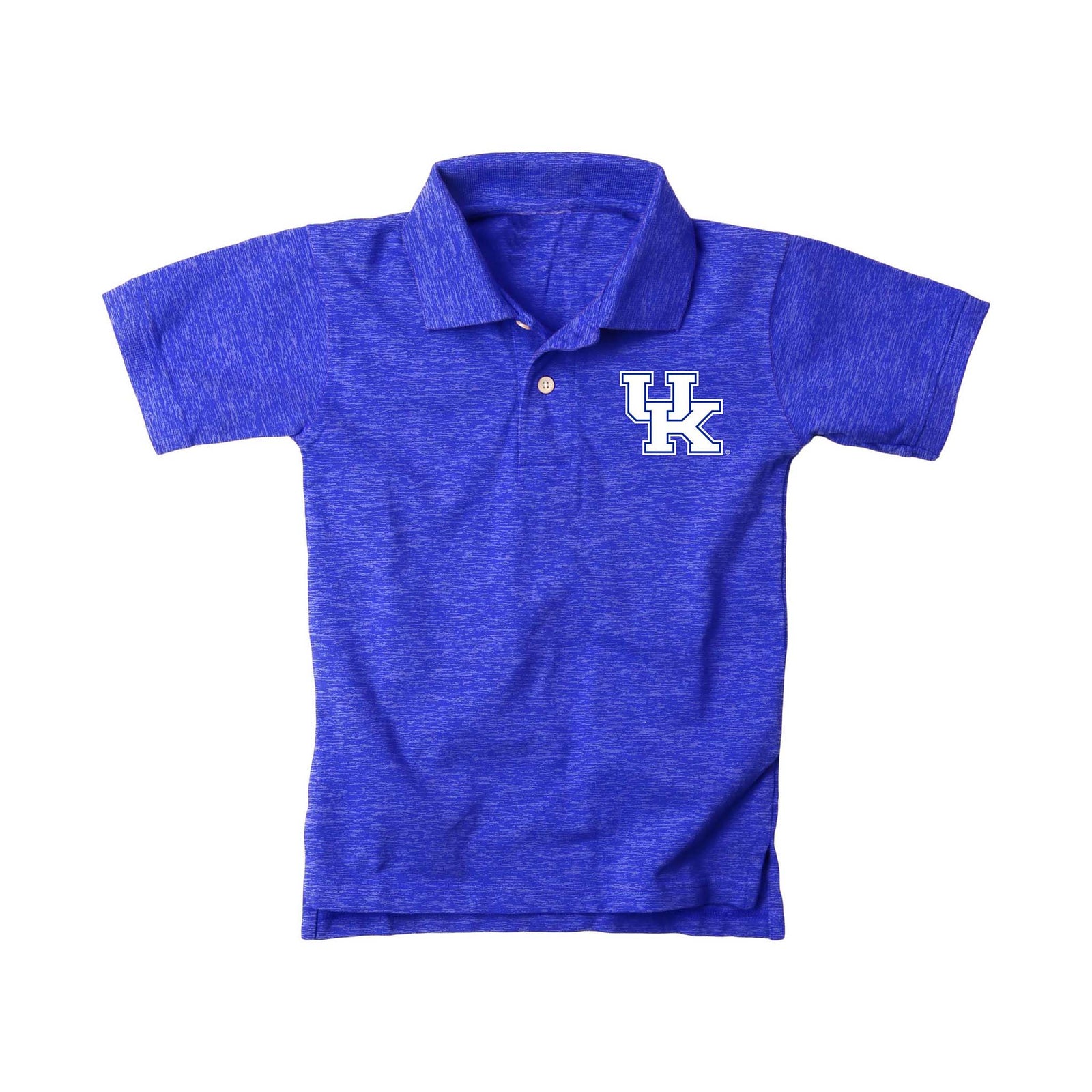 Youth Kentucky Wildcats royal blue polo with white UK logo on the chest, short sleeves, and button placket.