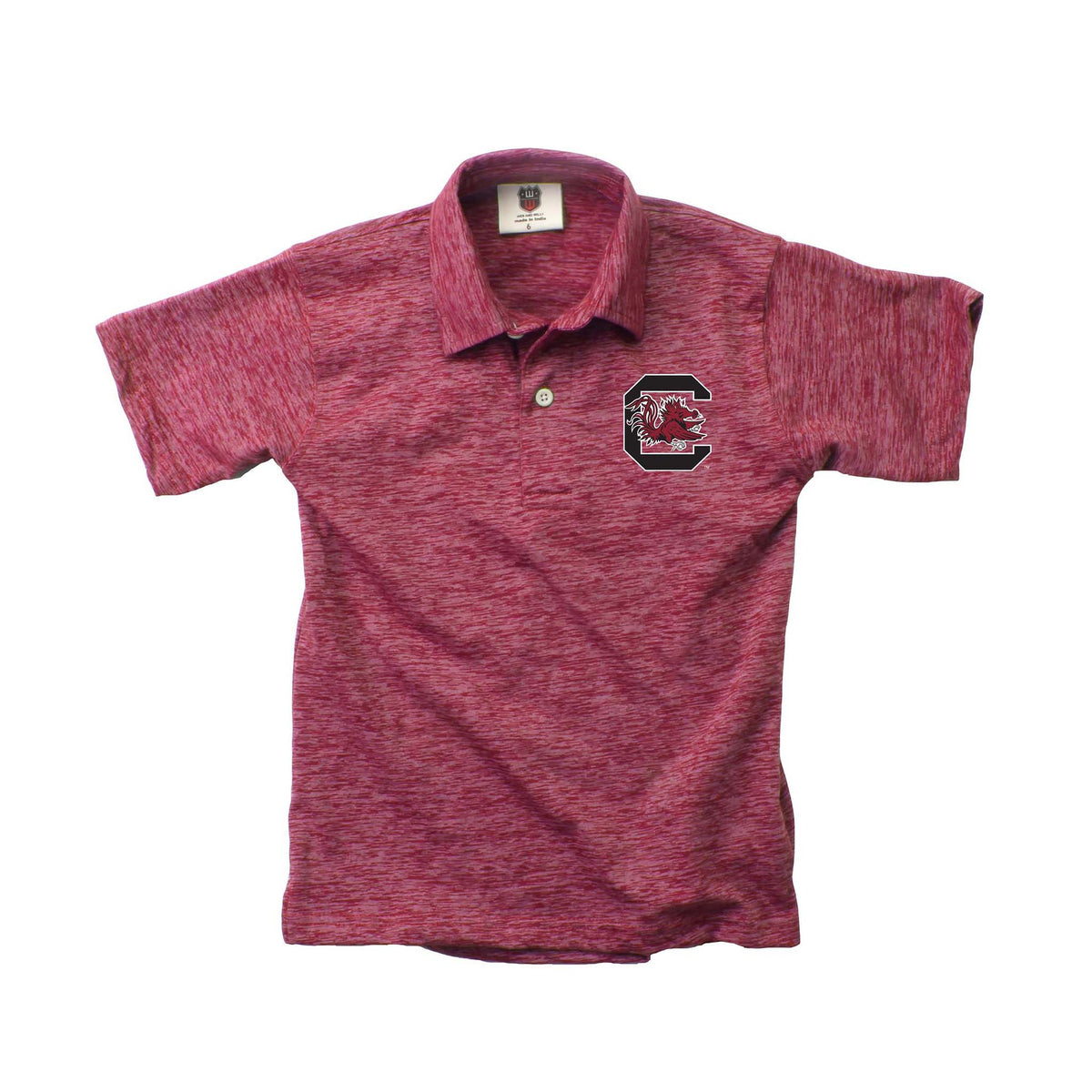 Youth South Carolina Gamecocks garnet polo with embroidered Block C logo and Gamecock mascot on chest, short sleeves, and button placket.