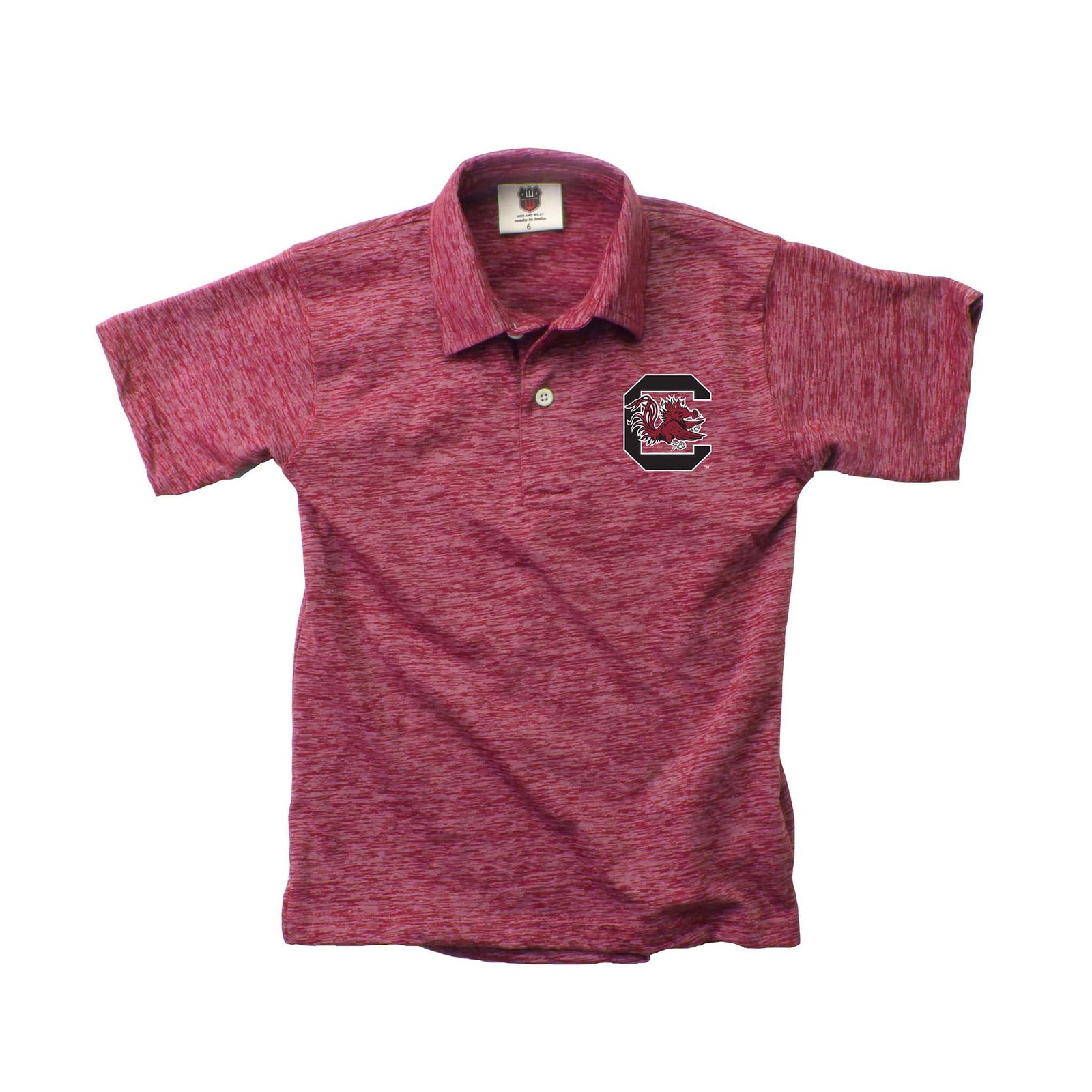 Youth South Carolina Gamecocks garnet polo with embroidered Block C logo and Gamecock mascot on chest, short sleeves, and button placket.