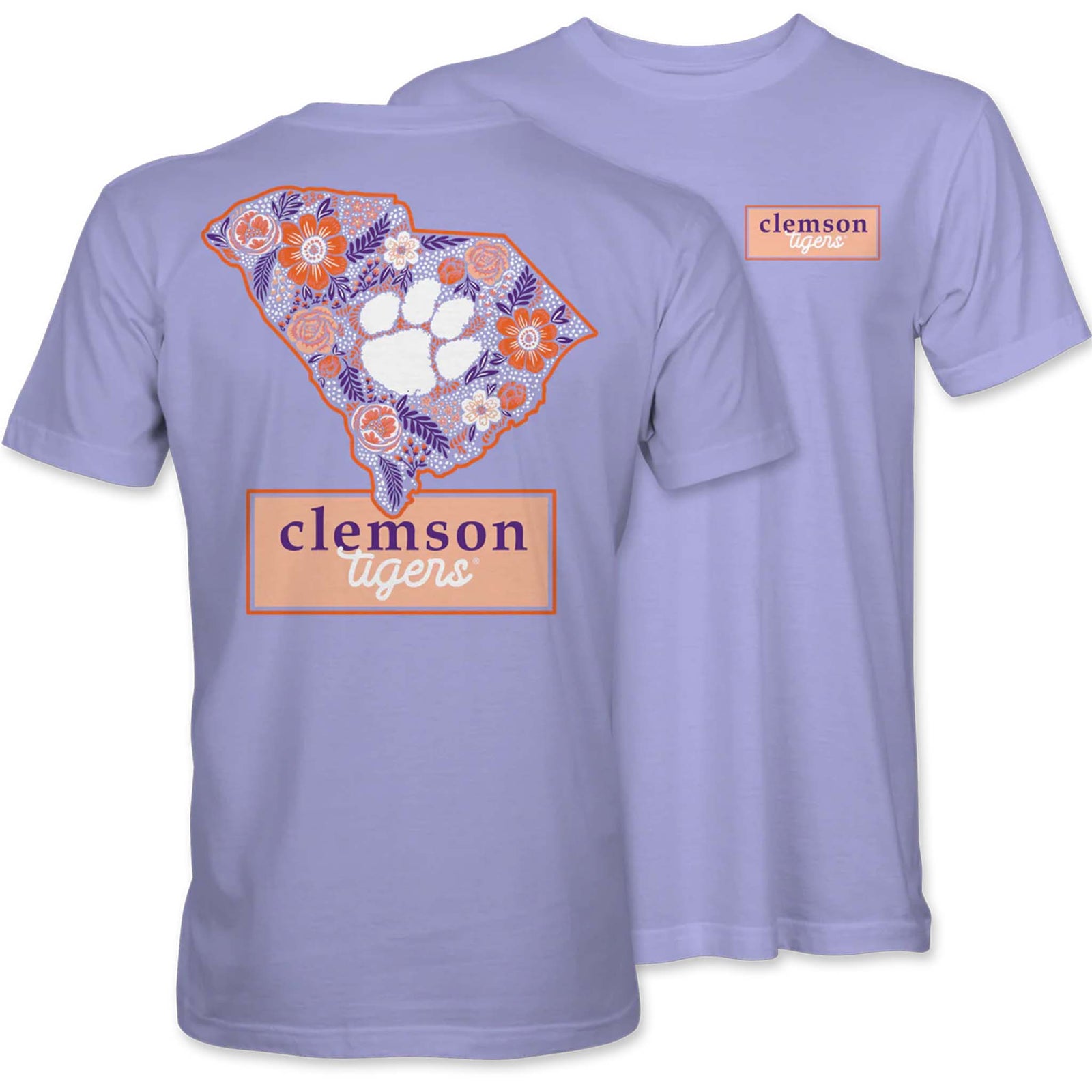 Front and back view of lavender Clemson Tigers t-shirt with small chest logo and large back graphic of South Carolina state outline with floral pattern and tiger paw.