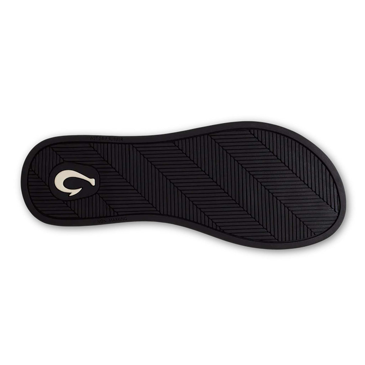Black sandal sole with a Olukai logo on a white background