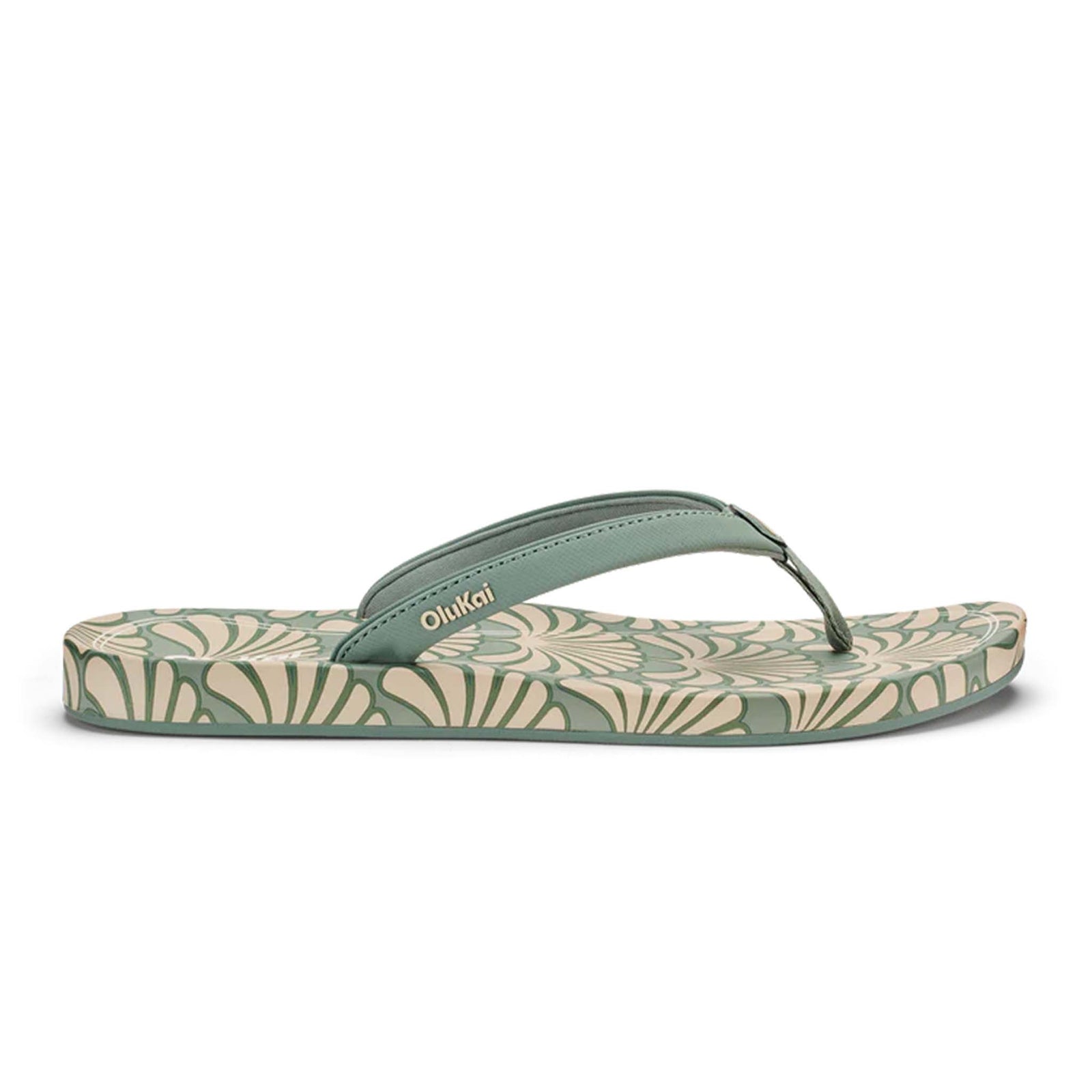 Green and beige floral-patterned sandal on a white background