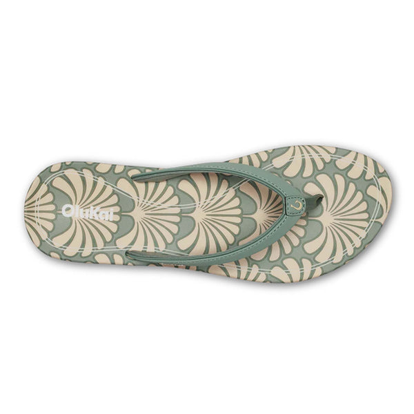 Green and beige floral-patterned sandal on a white background