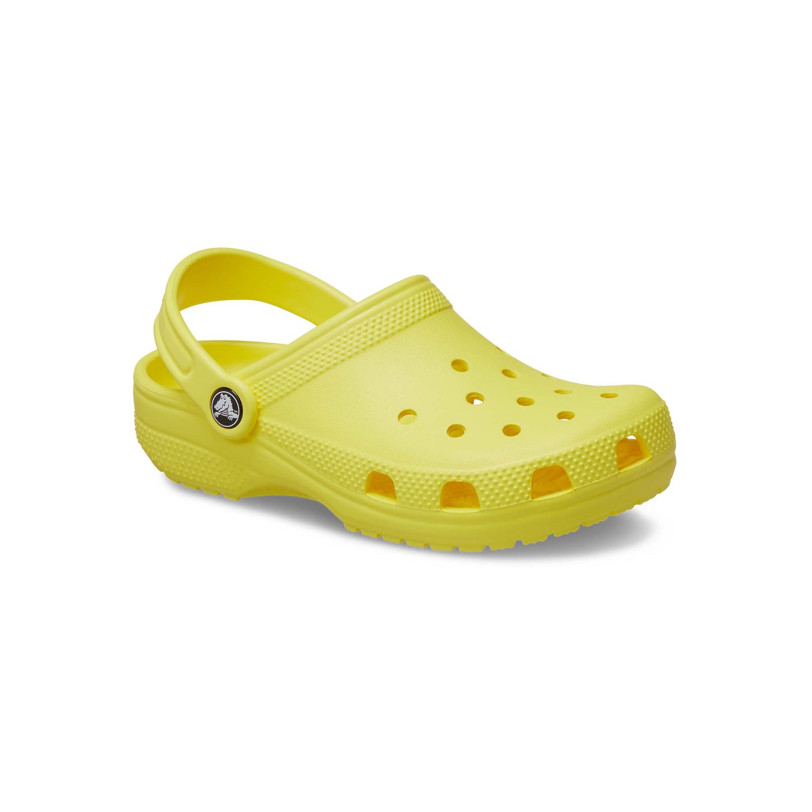 Kids' Classic Clog, color Cyber Yellow, sizes C11, C12, C13, J1, J2, J3, J4, J5, J6. 
Crocs classic design is created for slip-on convenience with a strap that adjusts down for a secure fit.  Holes in the toe box offer breathability.  Constructed with a durable plastic, these shoes are lightweight and waterproof. Also, these shoes are created to float in the event they're dropped in water!