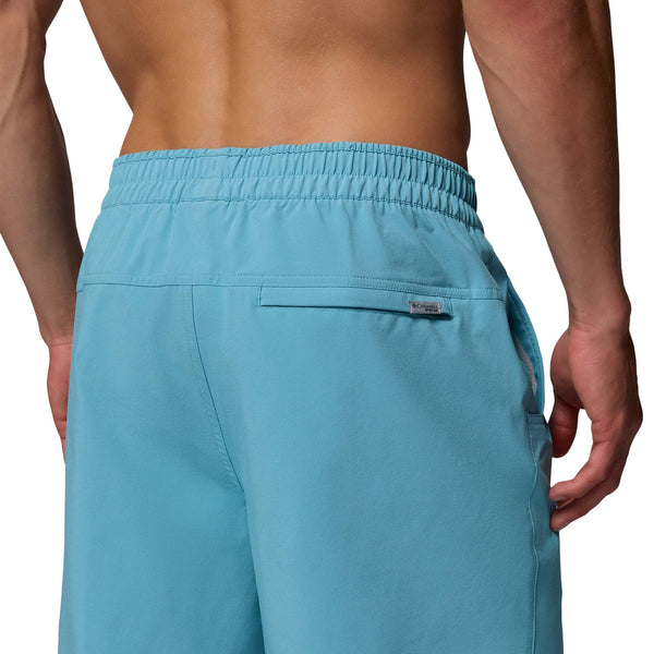 back close up waistband view of Columbia PFG Terminal Roamer™ 6 Inch Stretch Shorts in Caribbean blue
