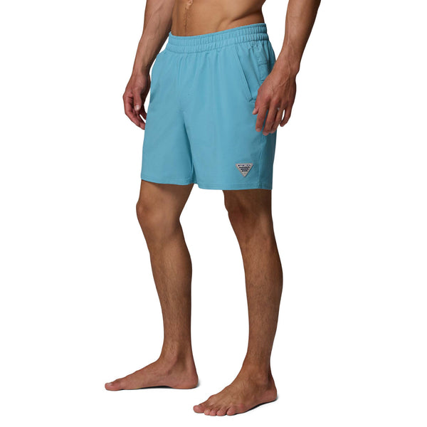 angled Front view of Columbia PFG Terminal Roamer™ 6 Inch Stretch Shorts in Caribbean blue