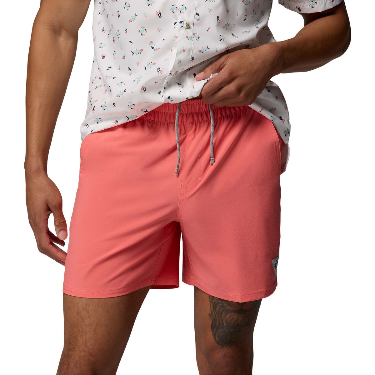Front view of Columbia PFG Terminal Roamer™ 6 Inch Stretch Shorts in melonade 