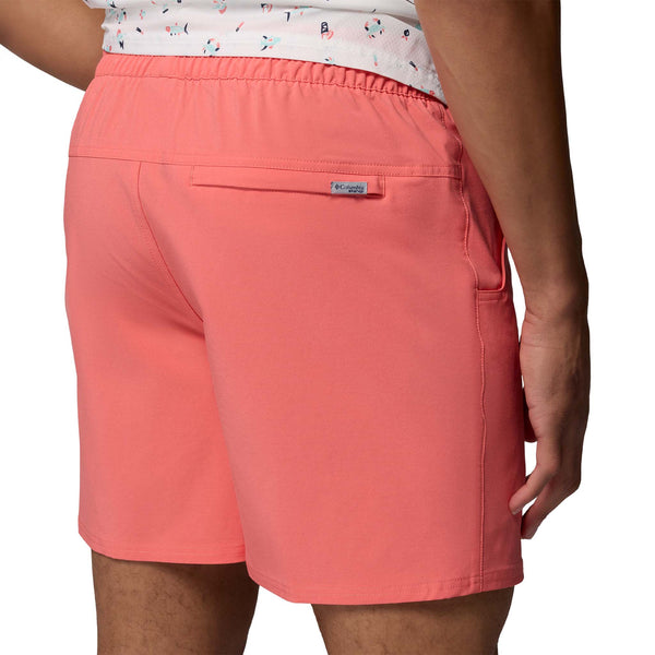 angled back view of Columbia PFG Terminal Roamer™ 6 Inch Stretch Shorts in melonade.