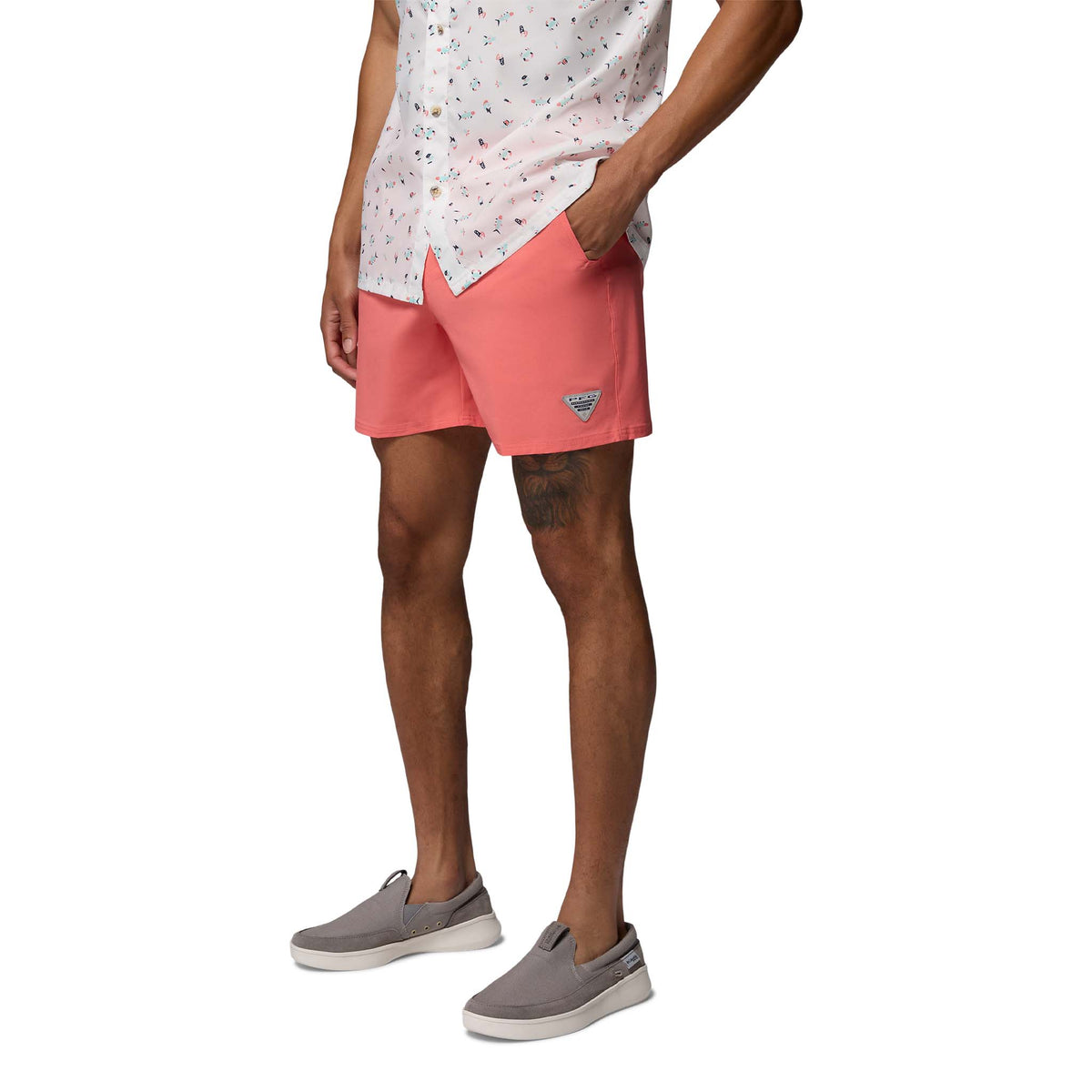 Angled Front view of Columbia PFG Terminal Roamer™ 6 Inch Stretch Shorts in melonade 