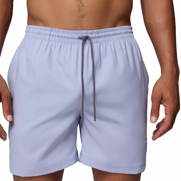  Light purple swim shorts with a drawstring on a white background