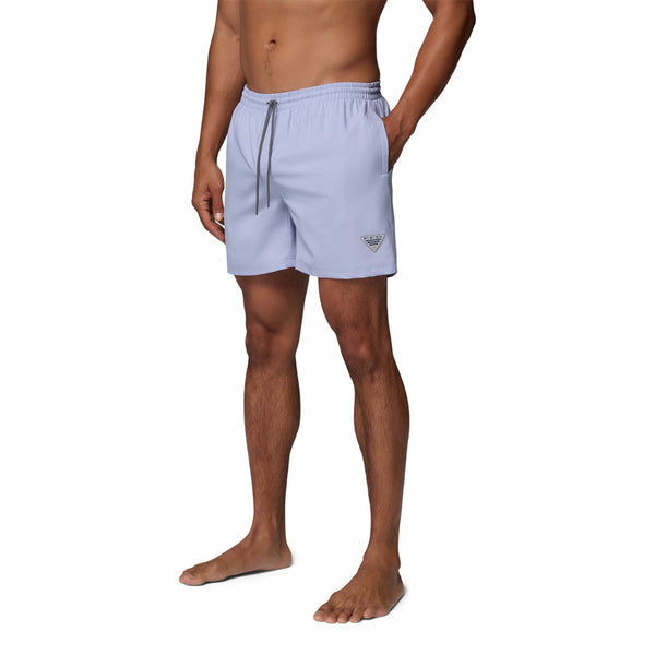  Man wearing light blue swim shorts on a white background