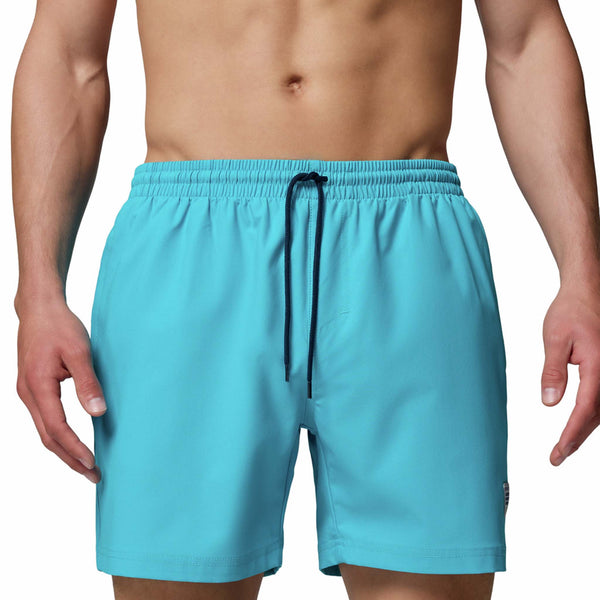  Teal blue swim shorts with a navy blue drawstring tie shown from the front.