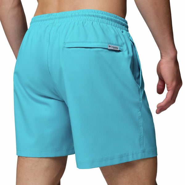  Turquoise shorts with a brand logo on a white background