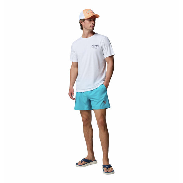  Man wearing a white t-shirt, turquoise shorts, and a cap on a white background