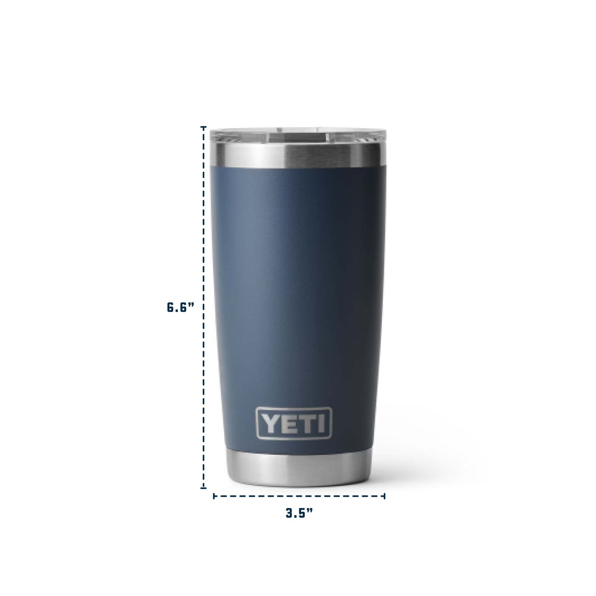 infographic of a yeti navy Rambler 20oz Tumbler showing measurements