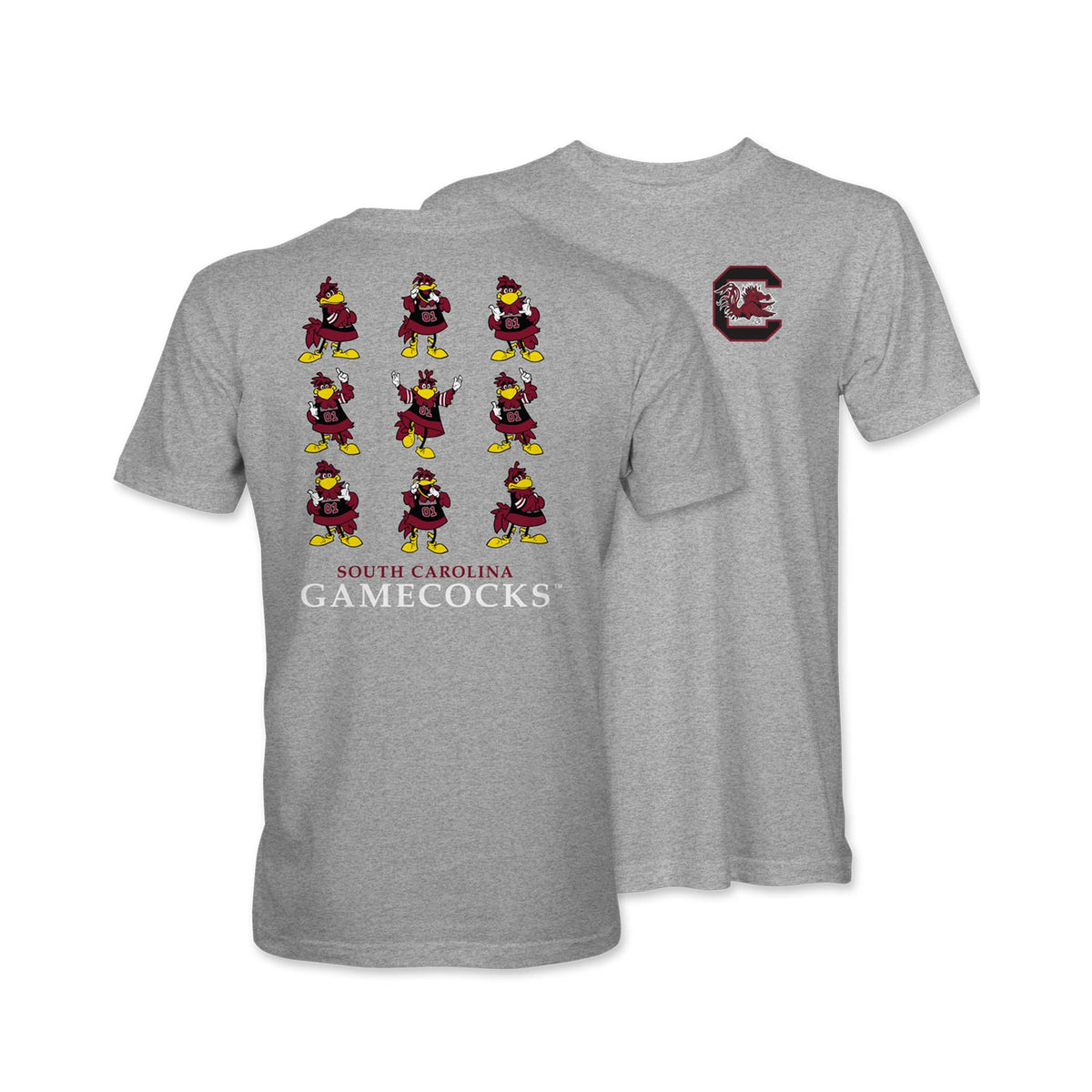 Gray t-shirt with South Carolina Gamecocks graphics on a white background