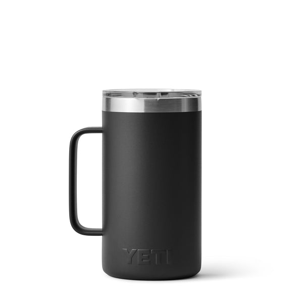Black 24-ounce YETI Rambler Mug with a durable stainless steel body, wide handle for a secure grip, and a MagSlider lid; features double-wall vacuum insulation to keep drinks hot or cold and the YETI logo etched on the front.