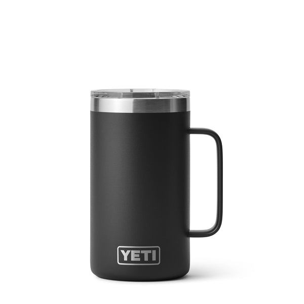 Black 24-ounce YETI Rambler Mug with a durable stainless steel body, wide handle for a secure grip, and a MagSlider lid; features double-wall vacuum insulation to keep drinks hot or cold and the YETI logo etched on the front.
