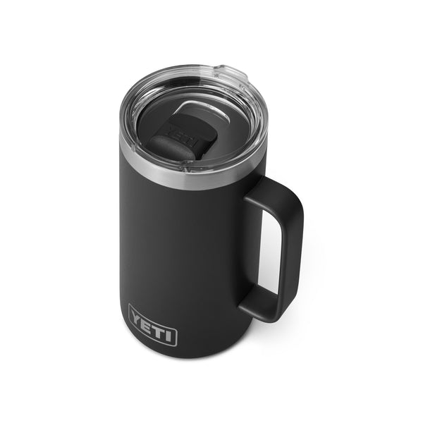 Black 24-ounce YETI Rambler Mug with a durable stainless steel body, wide handle for a secure grip, and a MagSlider lid; features double-wall vacuum insulation to keep drinks hot or cold and the YETI logo etched on the front.