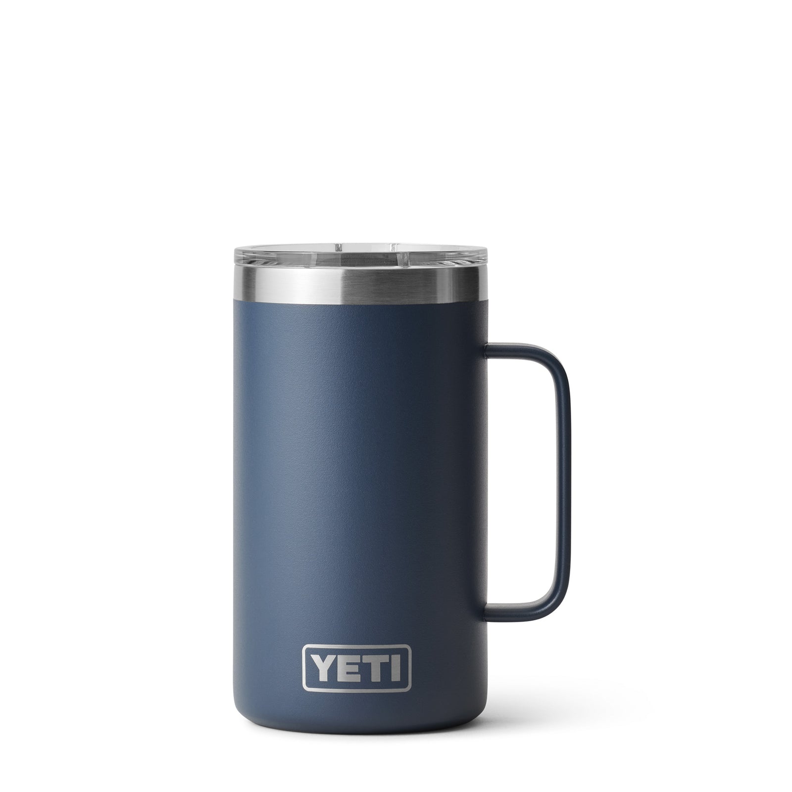  "Navy 24-ounce YETI Rambler Mug with a sturdy stainless steel body, wide handle for easy grip, and a clear MagSlider lid; features double-wall vacuum insulation to maintain drink temperature and the YETI logo etched on the front.