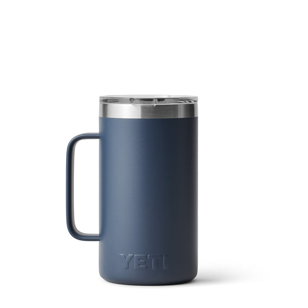  "Navy 24-ounce YETI Rambler Mug with a sturdy stainless steel body, wide handle for easy grip, and a clear MagSlider lid; features double-wall vacuum insulation to maintain drink temperature and the YETI logo etched on the front.