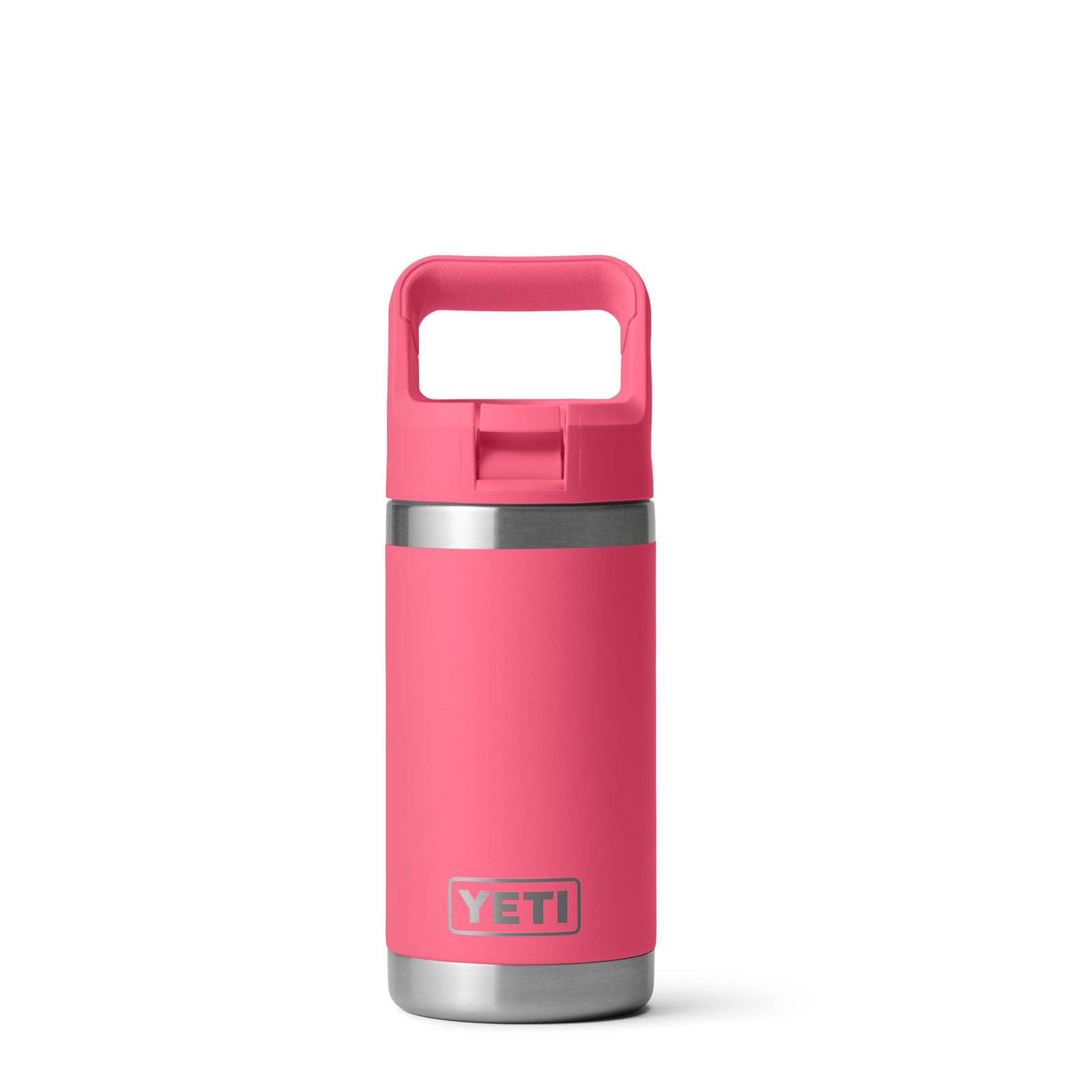 Tropical Pink 12-ounce YETI Rambler Jr. Kids Bottle made from durable stainless steel, featuring double-wall vacuum insulation, a leak-resistant straw cap, and a sturdy carrying handle; includes the YETI logo on the front and a wide-mouth opening for easy cleaning.