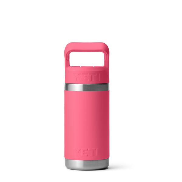Tropical Pink 12-ounce YETI Rambler Jr. Kids Bottle made from durable stainless steel, featuring double-wall vacuum insulation, a leak-resistant straw cap, and a sturdy carrying handle; includes the YETI logo on the front and a wide-mouth opening for easy cleaning.