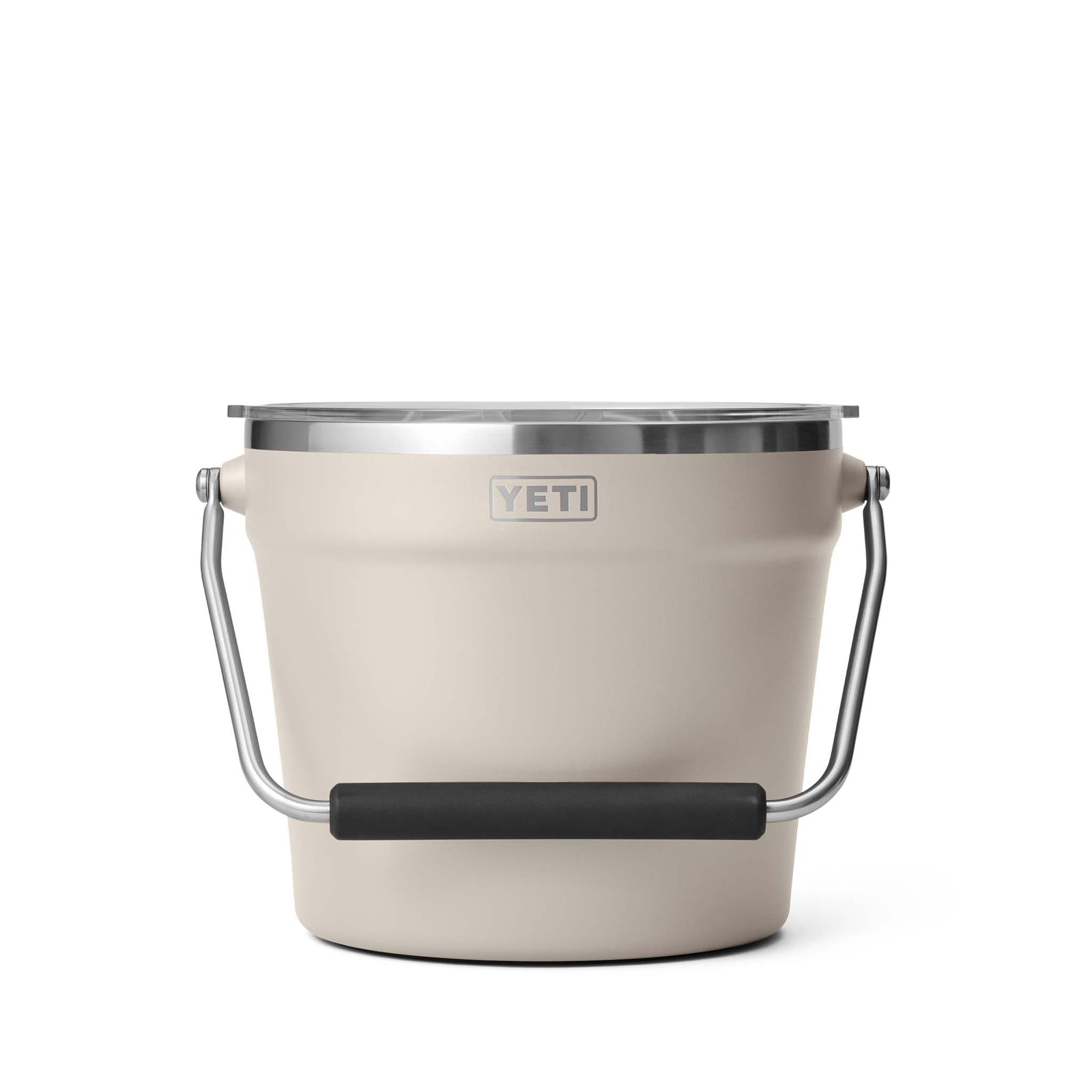 YETI branded beige bucket with black handle on a white background
