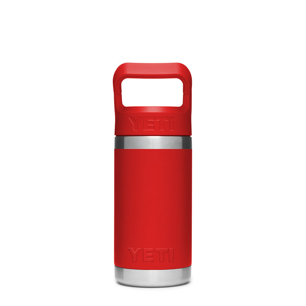 Rescue Red 12-ounce YETI Rambler Jr. Kids Bottle made from durable stainless steel, featuring double-wall vacuum insulation, a leak-resistant straw cap, and a sturdy carrying handle; includes the YETI logo on the front and a wide-mouth opening for easy cleaning.