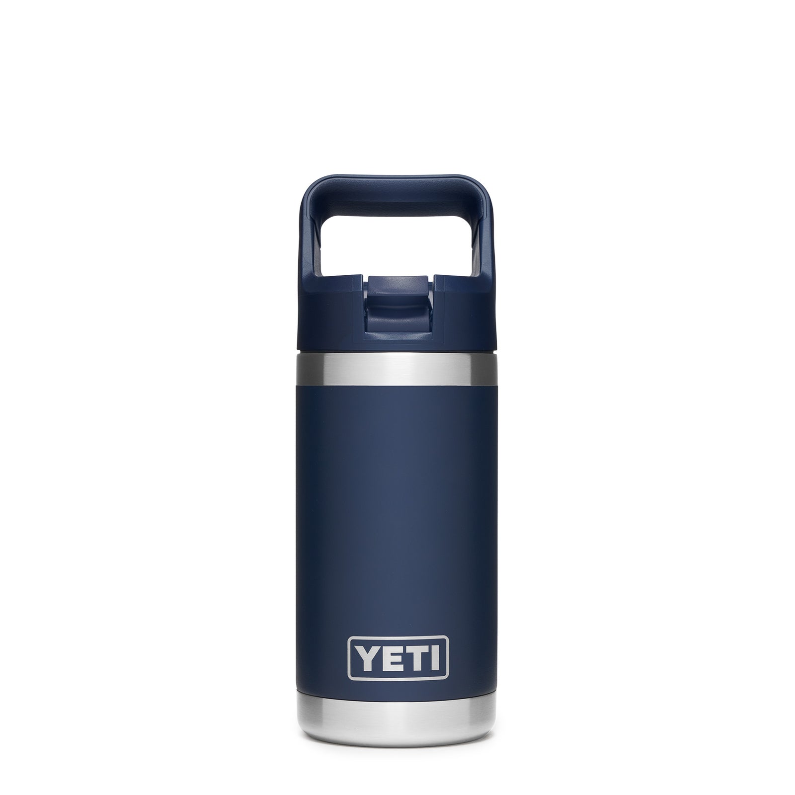 Navy 12-ounce YETI Rambler Jr. Kids Bottle crafted from durable stainless steel with double-wall vacuum insulation, a leak-resistant straw cap, and a convenient carrying handle; features the YETI logo on the front and a wide-mouth opening for easy cleaning.
