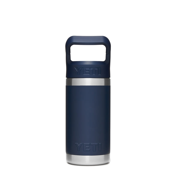 Navy 12-ounce YETI Rambler Jr. Kids Bottle crafted from durable stainless steel with double-wall vacuum insulation, a leak-resistant straw cap, and a convenient carrying handle; features the YETI logo on the front and a wide-mouth opening for easy cleaning.
