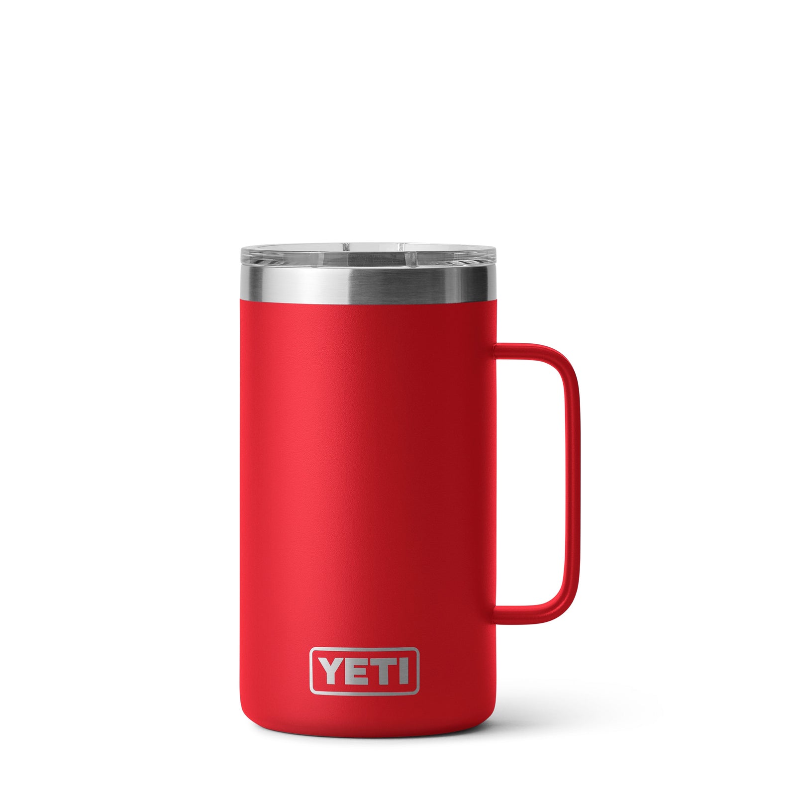Rescue Red 24-ounce YETI Rambler Mug made of durable stainless steel with a wide handle and clear MagSlider lid; features double-wall vacuum insulation to keep beverages hot or cold and the YETI logo etched on the front.