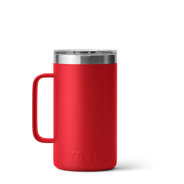 Rescue Red 24-ounce YETI Rambler Mug made of durable stainless steel with a wide handle and clear MagSlider lid; features double-wall vacuum insulation to keep beverages hot or cold and the YETI logo etched on the front.