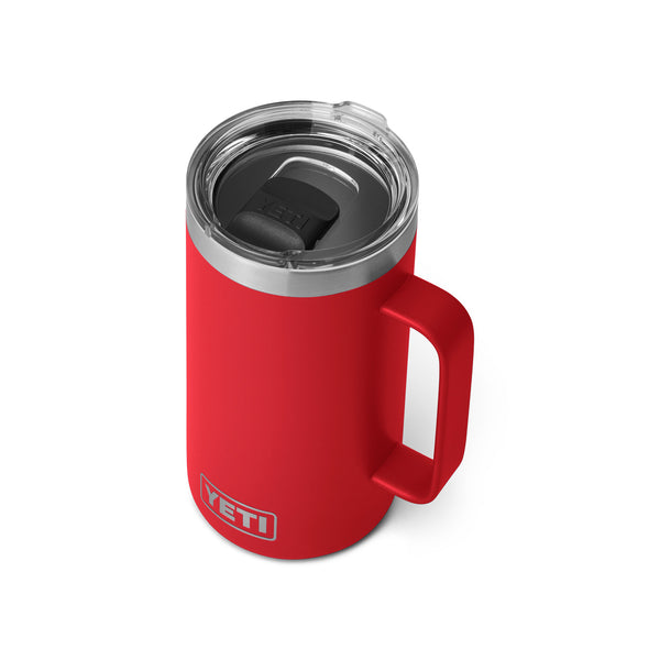 Rescue Red 24-ounce YETI Rambler Mug made of durable stainless steel with a wide handle and clear MagSlider lid; features double-wall vacuum insulation to keep beverages hot or cold and the YETI logo etched on the front.