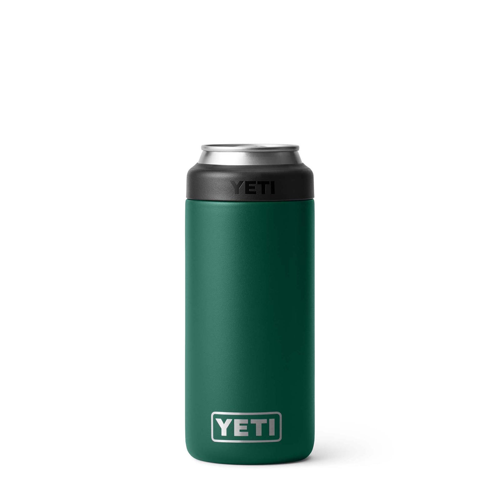 Yeti Slim Can Colster in Black forest green. Front view showing Yeti logo on bottom and holding a 12oz aluminum slim can.