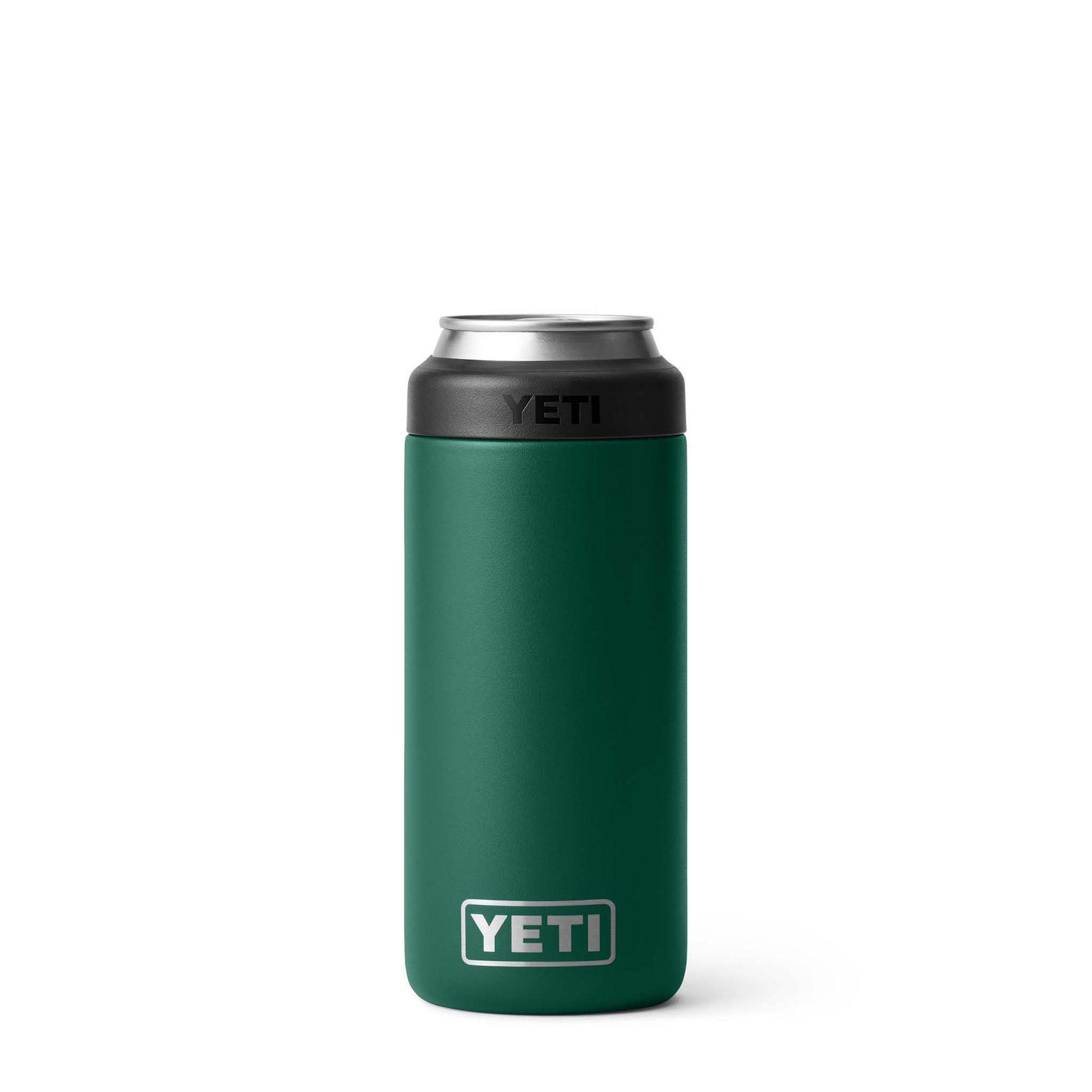 Yeti Slim Can Colster in Black forest green. Front view showing Yeti logo on bottom and holding a 12oz aluminum slim can.