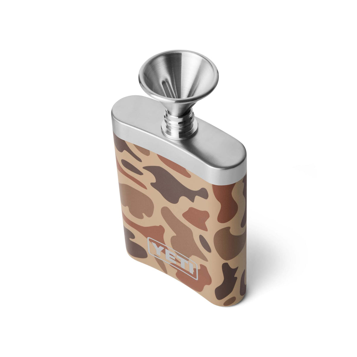 YETI 6 oz flask in Wetlands Camo with stainless steel funnel inserted. Front logo and camo pattern visible from angled top view.