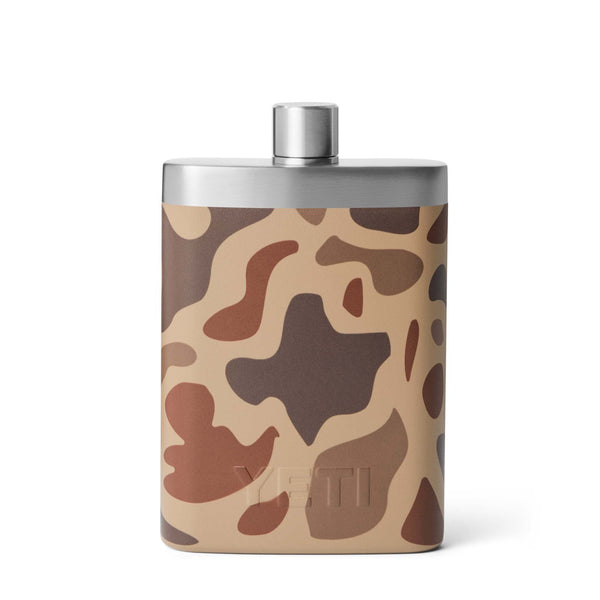Back view of the YETI flask in Wetlands Camo showing camouflage print with raised YETI logo near the base.