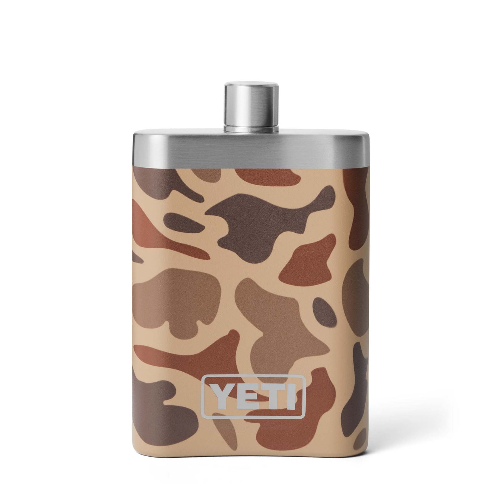 Front view of the YETI flask in Wetlands Camo with cap on. White YETI logo printed on center of the camo pattern.