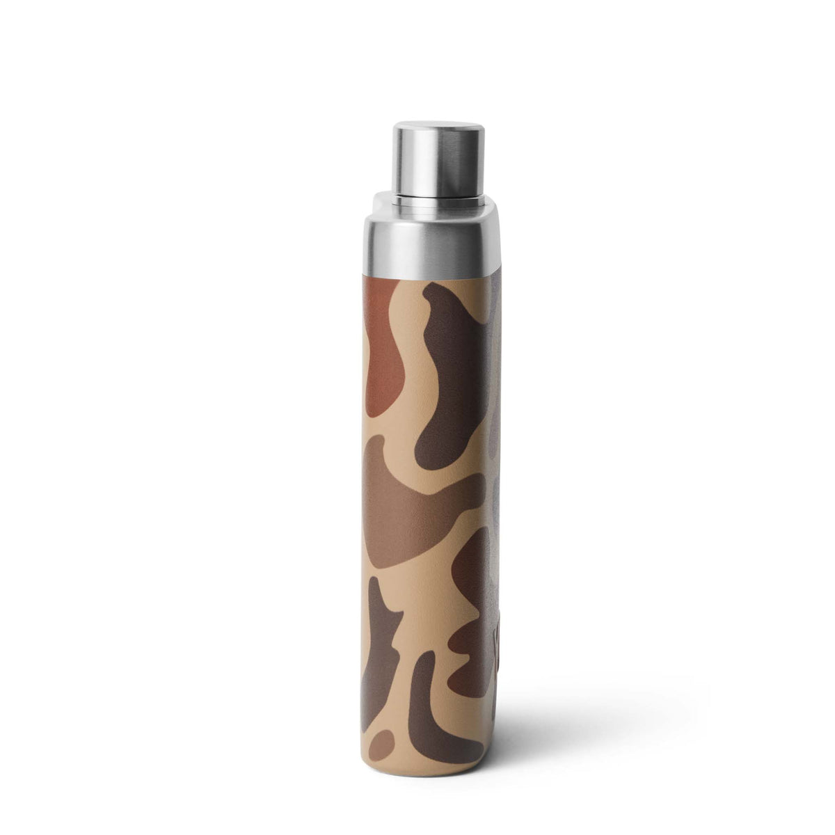  Slim side profile of the YETI flask in Wetlands Camo with stainless steel cap on. Shows full camouflage print.